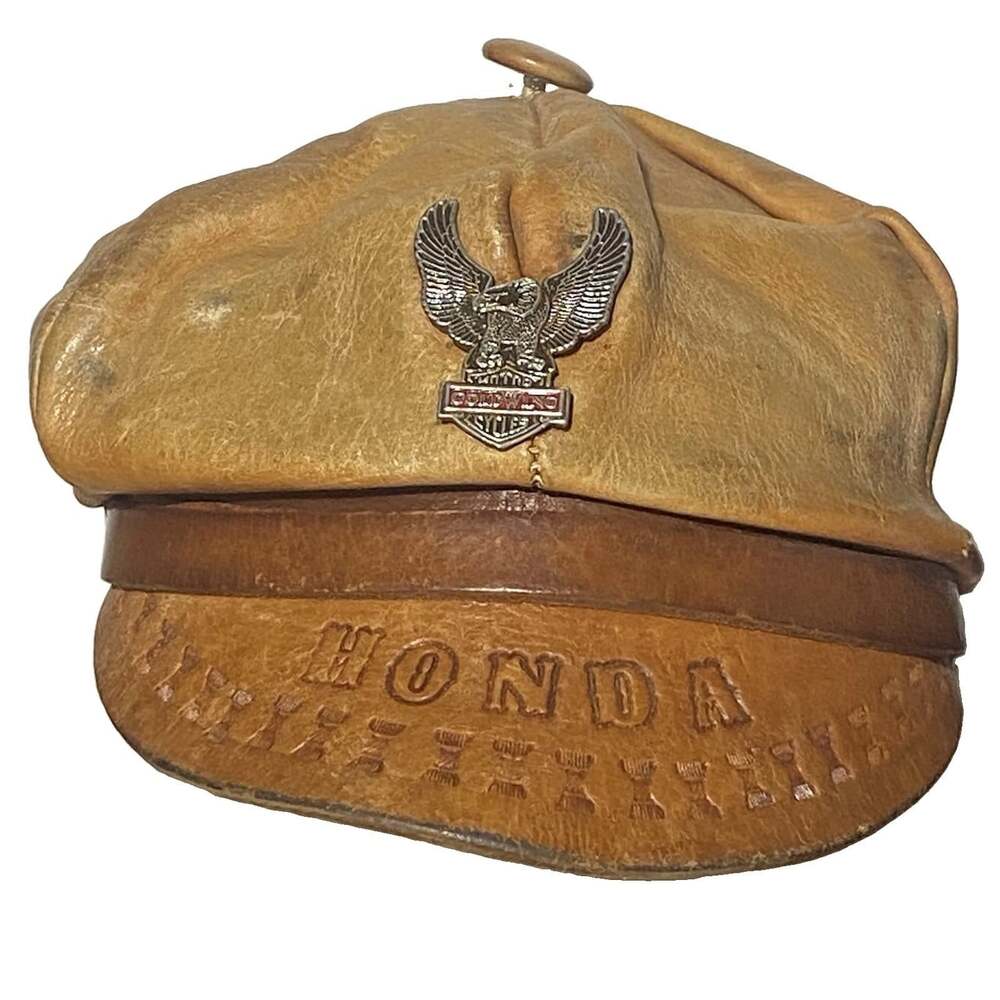 Vtg 1950s Bralo Mexico Leather Motorcycle Cap Hat 70s Honda Goldwing Eagle Pin